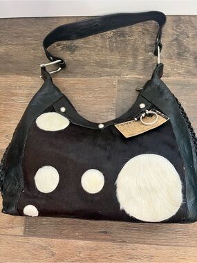 Redarte Handmade Leather & Cowhide Polka Dot Hobo Shoulder Bag Black White
